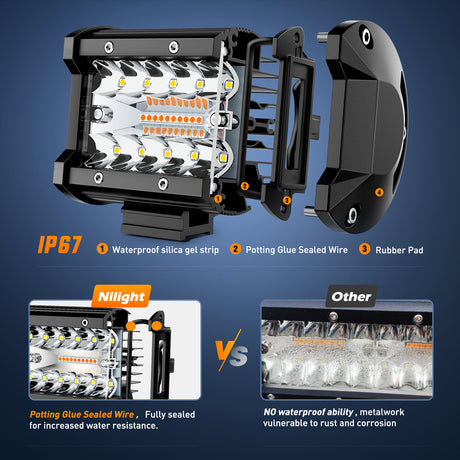 Nilight 4Inch Off-Road LED Light Bar, 2PCS 60W 3 Lighting Modes (White/Amber/White&amp;Amber) Driving Fog Light Spot Flood Lights with 18AWG Wiring Harness for Truck Car ATV SUV Jeep Boat