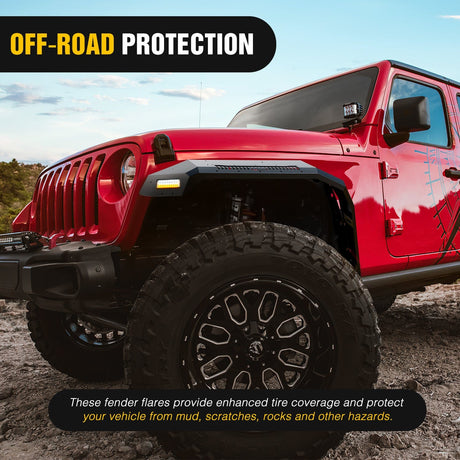 Nilight 2018-2025 Jeep Wrangler JL & JLU Unlimited 2/4Doors (No fit 2020+ Gladiator JT) Wide Flat Front Fender Flares w/LED Lights Turn Signal Lights DRL
