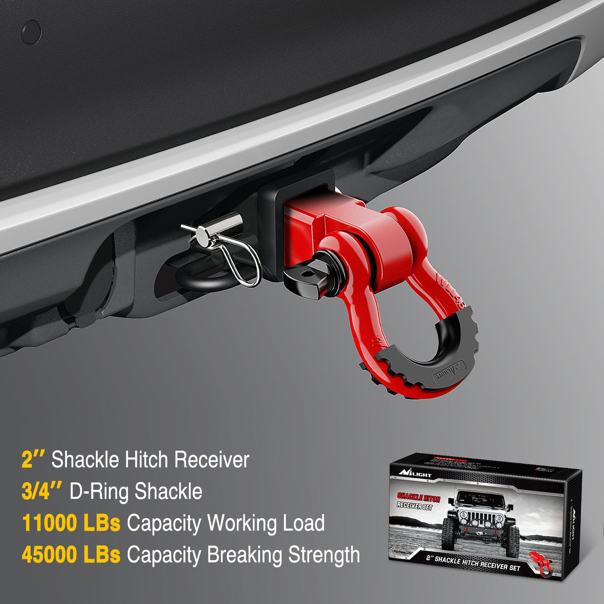 Nilight Shackle Hitch Receiver 2Inch 45000 LBs Breaking Strength 3/4inch D Ring w/Trailer Pin Heavy Duty Solid Recovery Towing Kit for Trucks Jeeps Off-Road