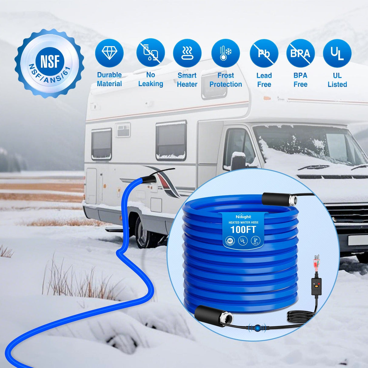Nilight 100FT Heated Water Hose RV 5/8inch Inside Diameter -45°F Freeze Protaction Antifreeze Garden Drinking Hoses with Saving Thermostat and Smart Heat System for Winter Camper Supply Accessories