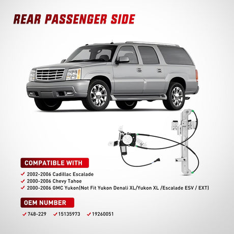 Nilight Power Window Regulator with Motor Rear Passenger Side,Compatible with Cadillac Escalade/Chevy Tahoe/GMC Yukon 2002 2003 2004 2005 2006,Rear Right,748-229