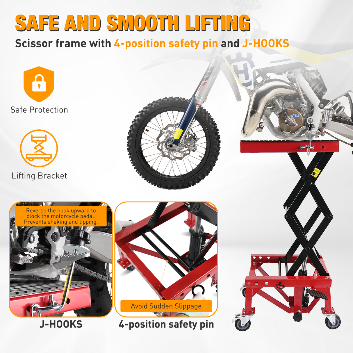 Motorcycle Lift Table Jack 300 LBS Heavy Duty Hydraulic Motorcycle Scissor Jack Lifts Table Foot Pedal with 4 Caster Wheels Wide Deck for Motorbike Dirt Bike ATV Garage Repair Tool, Red