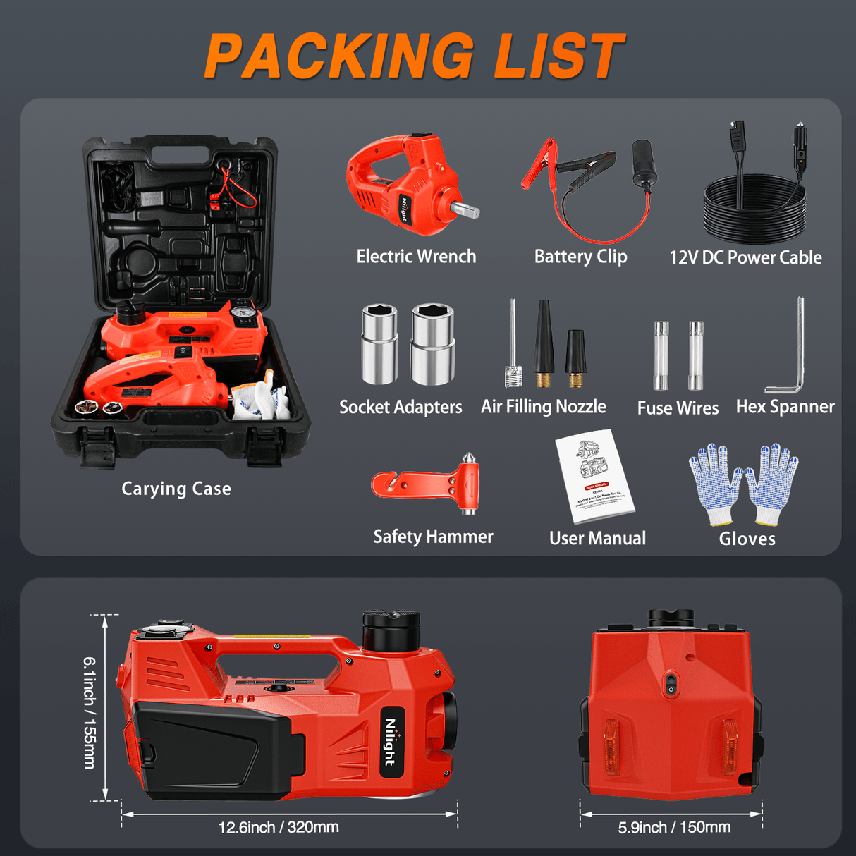 Nilight Electric Car Jack 5 Ton 12V Hydraulic with Inflatable Pump Impact Wrench LED Light 3 in 1 Portable Floor Jack for Tire Change