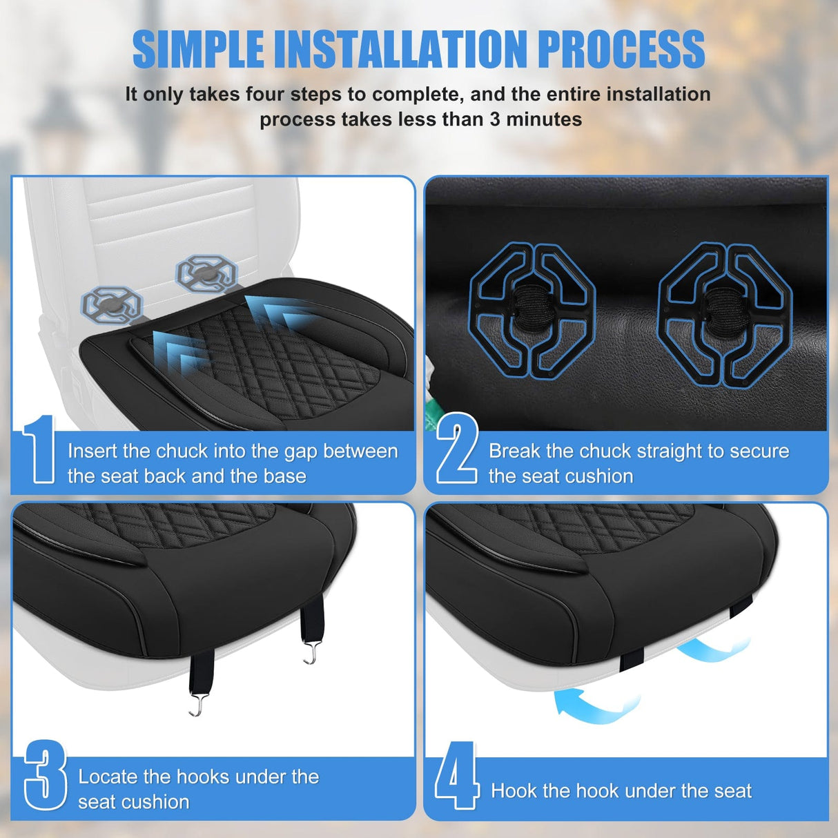 Car Seat Cushion Cover Black Leather Front Seats with Wings Waterproof and Anti-Slip with Storage Bag Wrapped Bottom Suitable for Cars Sedan Van SUV Truck