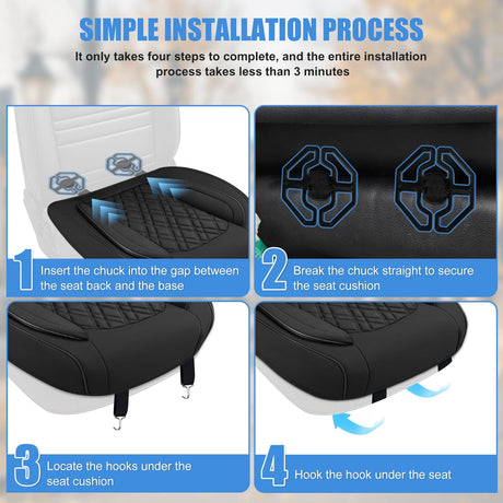 Car Seat Cushion Cover Black Leather Front Seats with Wings Waterproof and Anti-Slip with Storage Bag Wrapped Bottom Suitable for Cars Sedan Van SUV Truck