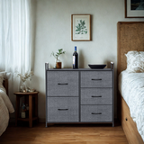 Pre-Owned 5-Drawer Plastic Storage Tower Organizer with Fabric Bins & Sturdy Metal Frame - Compact Space-Saving Design for Bedroom, Closet, Living Room