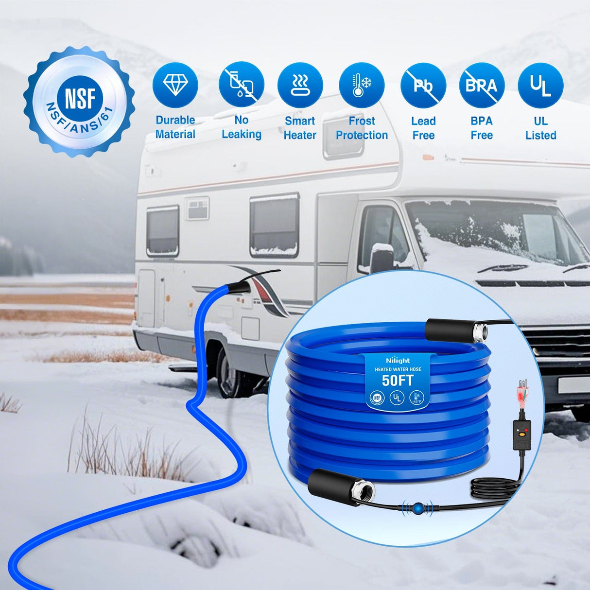 Nilight 50FT Heated Water Hose RV 5/8inch Inside Diameter -45°F Freeze Protaction Antifreeze Garden Drinking Hoses with Saving Thermostat and Smart Heat System for Winter Camper Supply Accessories