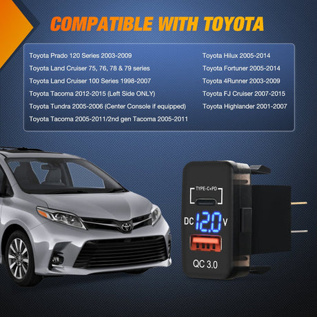 12V USB Charger PD Type C and QC 3.0 Car USB Quick Charge with LED Voltmeter Nilight