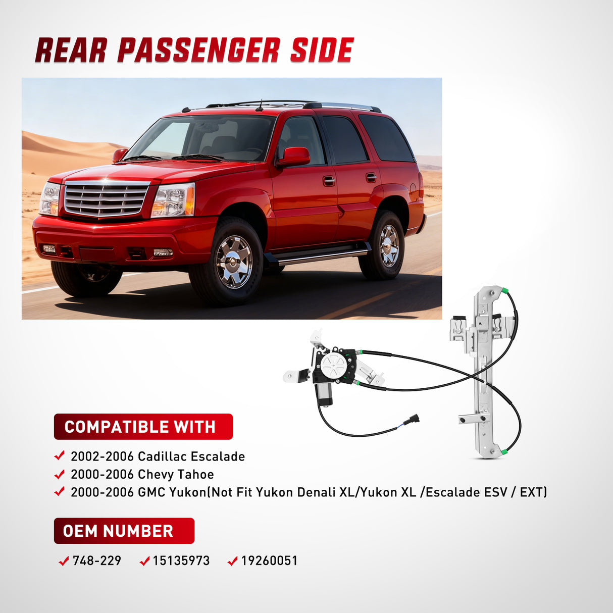 Power Window Regulator with Motor Rear Passenger Side,Compatible with Cadillac Escalade/Chevy Tahoe/GMC Yukon 2002 2003 2004 2005 2006,Rear Right,748-229