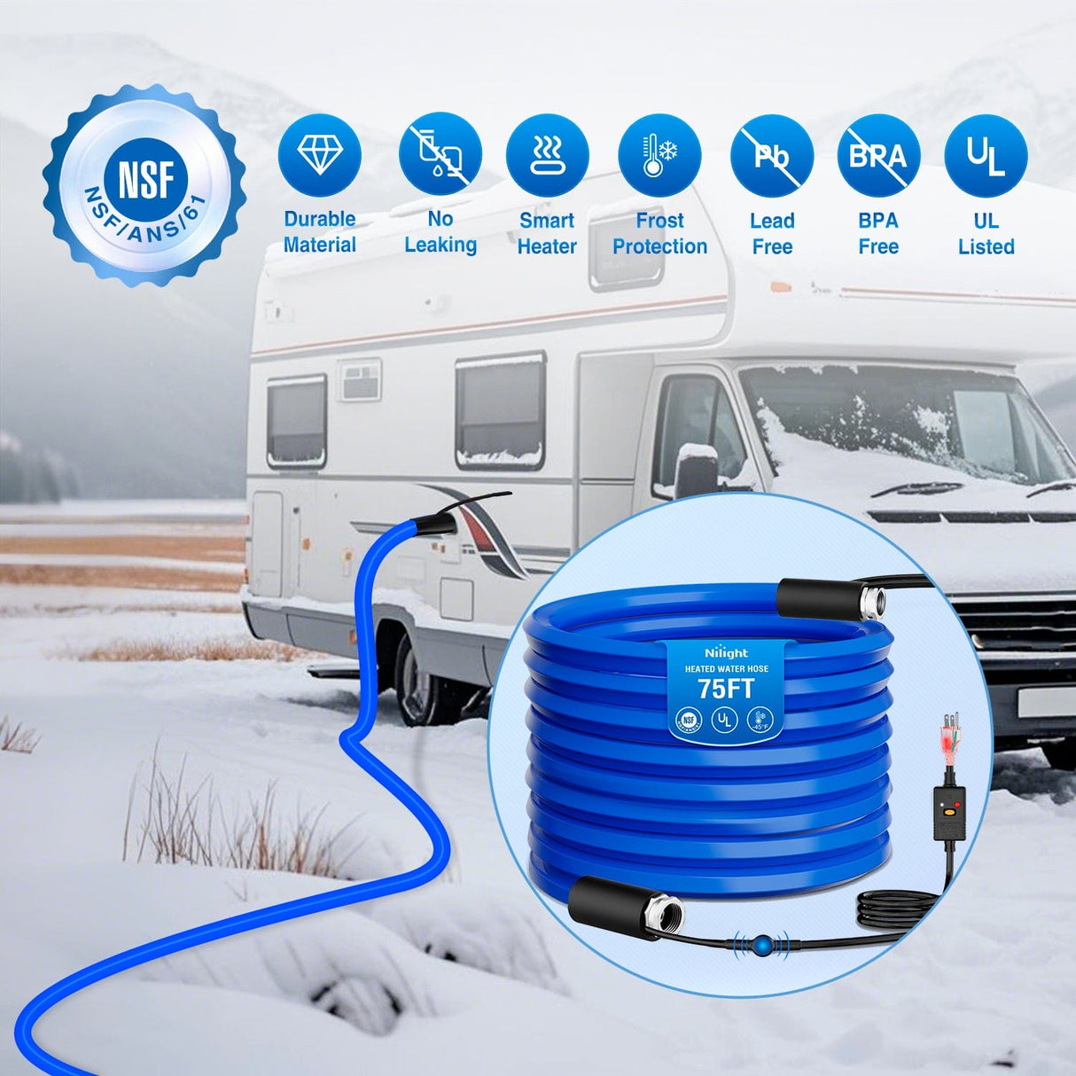 Nilight 75FT Heated Water Hose RV 5/8inch Inside Diameter -45°F Freeze Protaction Antifreeze Garden Drinking Hoses with Saving Thermostat and Smart Heat System for Winter Camper Supply Accessories