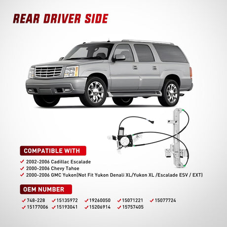 Nilight Power Window Regulator with Motor Rear Driver Side,Compatible with Cadillac Escalade/Chevy Tahoe/GMC Yukon 2002 2003 2004 2005 2006,Rear Left,748-228