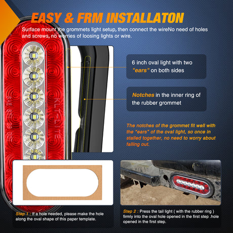 Nilight 2PCS 6Inch Oval LED Trailer Tail Lights Red White 23LEDs w/Flush Surface Mount Grommets IP67 Waterproof Stop Brake Running Reverse Backup Light for Trucks RV