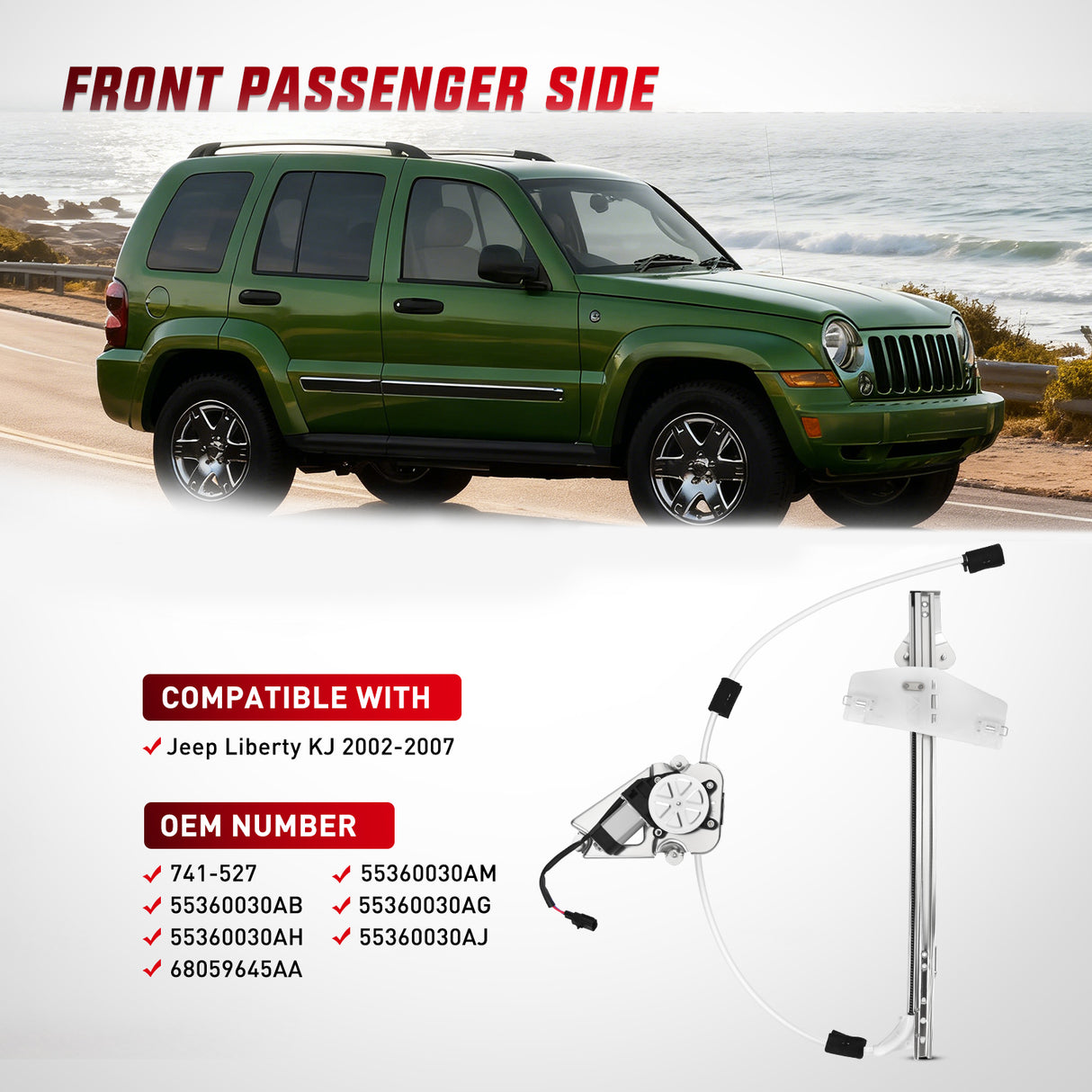 741-527 Power Window Regulator/Motor Front Passenger Side Compatible with Jeep Liberty KJ 2002 2003 2004 2005 2006,Front Right Side