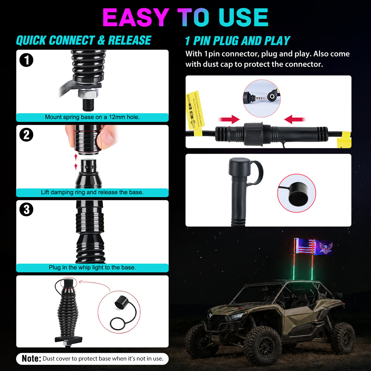 LED Whip Light 2 PCS 3FT COB RGB Lighted Antenna Whips with Spring Base Remote & App Control DIY Patterns Turn Brake Reverse Lights for Can-am Offroad ATV UTV RZR Polaris Dune Buggy Truck