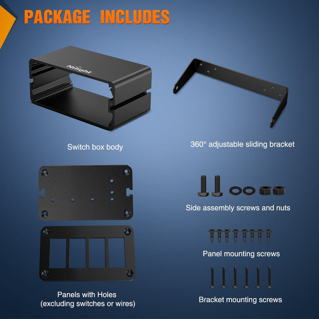Nilight 4 Gang Rocker Switch Box 4 Holes Panel Detachable Installation Housing Waterproof Aluminum Rotatable Mount Bracket 12V 24V DIY Toggle Switches Voltmeter USB Socket for Boats Cars RVs Trucks