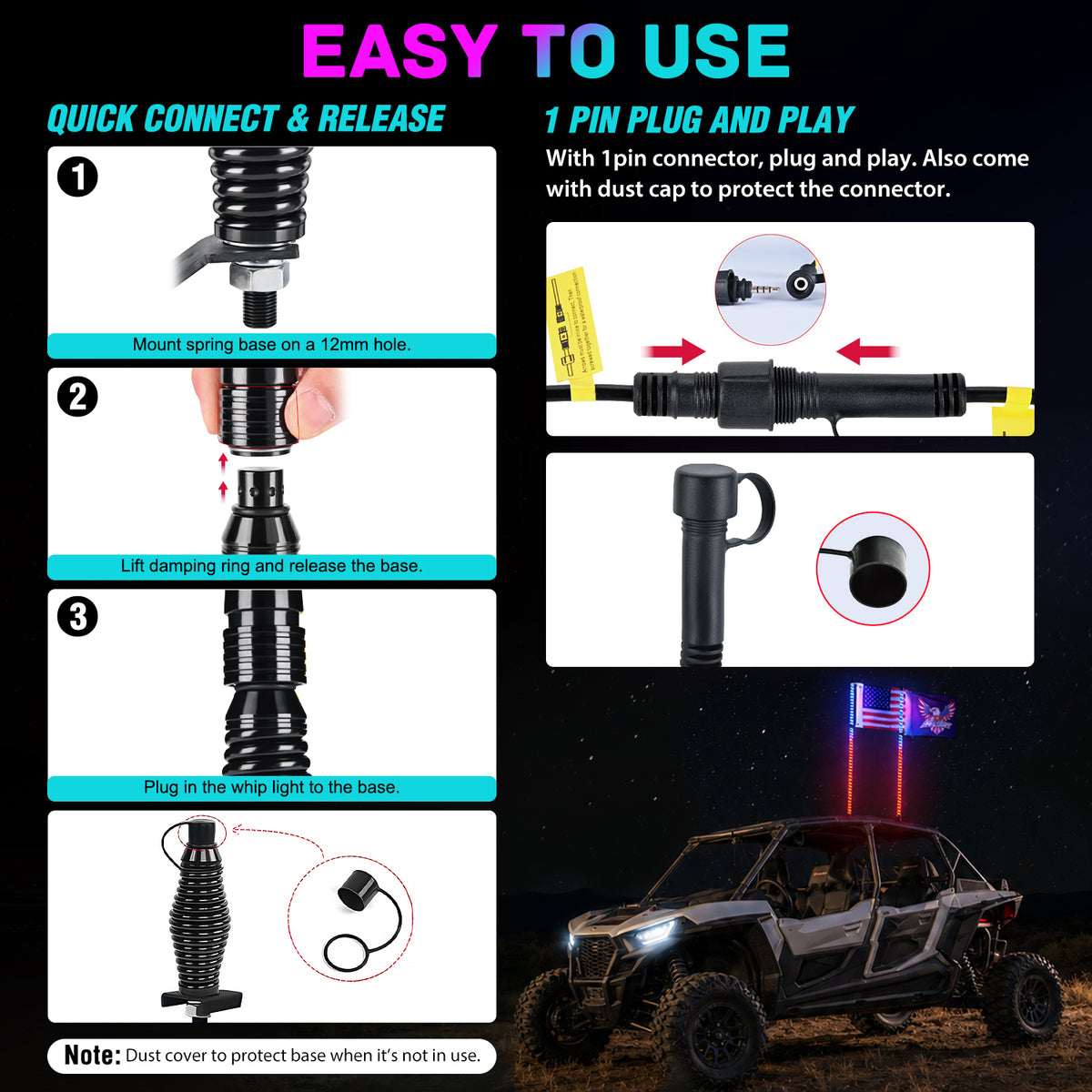 LED Whip Light 2 PCS 4FT COB RGB Lighted Antenna Whips with Spring Base Remote & App Control DIY Patterns Turn Brake Reverse Lights for Can-am Offroad ATV UTV RZR Polaris Dune Buggy Truck