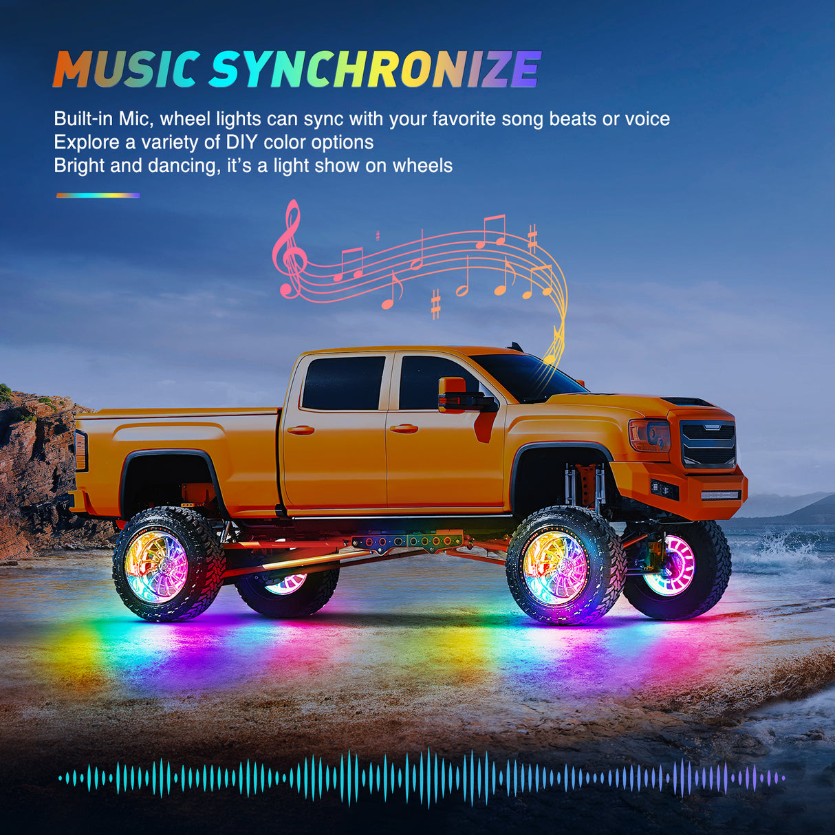 4PCS 15.5inch Double Row Wheel Ring Lights Dream Color with APP and Remote Control Neon Lights w/Turn Signal and Braking Function Dual Row for Car Van SUV Truck