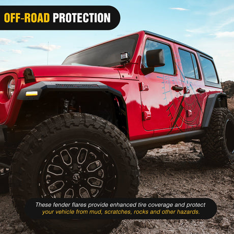 Nilight 2018-2025 Jeep Wrangler JL&JL Unlimited 2/4Doors Wide Flat Front & Rear Fender Flares w/LED Lights Turn Signal Lights DRL (No fit 2020+ Gladiator JT)
