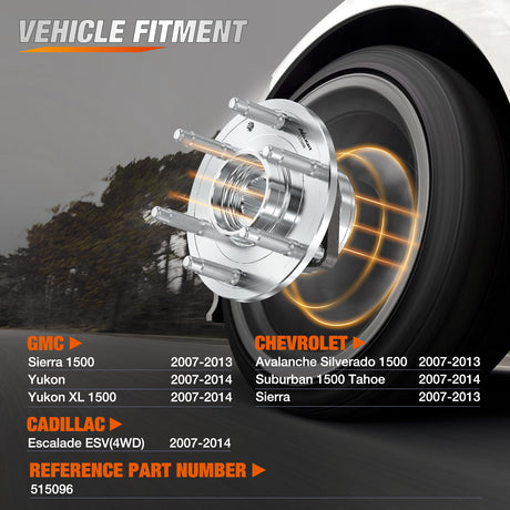 Nilight Wheel Bearing and Hubs Assembly Set for Chevy GMC Silverado Suburban Sierra Yukon XL 1500 Tahoe Avalanche Cadillac Escalade ESV EXT 2007 2008 2009 2010 2011 2012 2013 with 6-Lug, OEM 515096