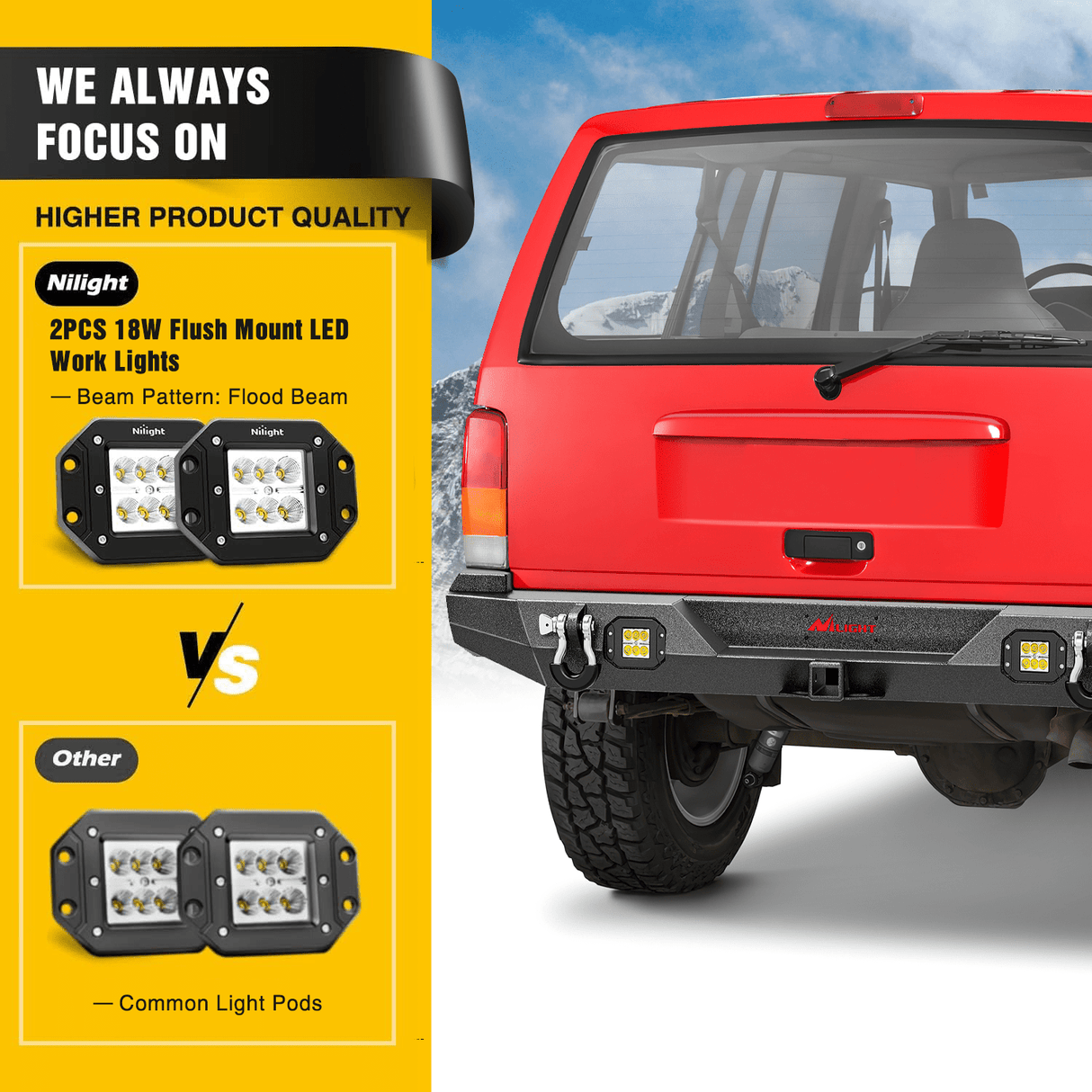 Rear Bumper 1984 1985 1986 1987 1988 1989 1990 1991 1992 1993 1994 1995 1996 1997 1998 1999 2000 2001 Jeep Cherokee XJ Rear Bumper 2inch Hitch Receiver Upgraded 18W LED Light Pods Offroad Textured Black