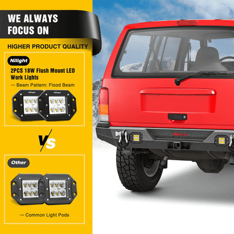 Rear Bumper 1984 1985 1986 1987 1988 1989 1990 1991 1992 1993 1994 1995 1996 1997 1998 1999 2000 2001 Jeep Cherokee XJ Rear Bumper 2inch Hitch Receiver Upgraded 18W LED Light Pods Offroad Textured Black