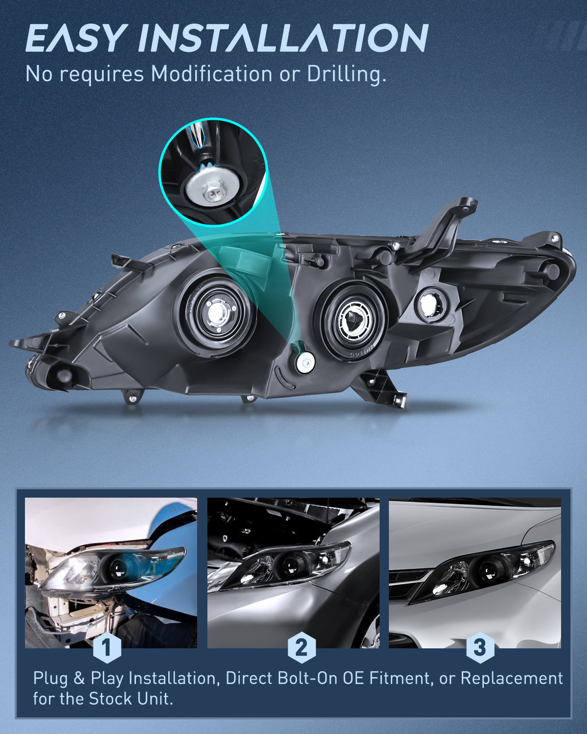 Headlight Assembly Compatible with 2011 2012 2013 2014 2015 2016 2017 2018 2019 2020 Toyota Sienna Black Housing Clear Reflector Clear Lens Headlights Replacement