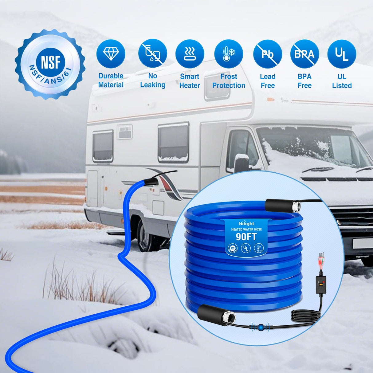 Nilight 90FT Heated Water Hose RV 5/8inch Inside Diameter -45°F Freeze Protaction Antifreeze Garden Drinking Hoses with Saving Thermostat and Smart Heat System for Winter Camper Supply Accessories