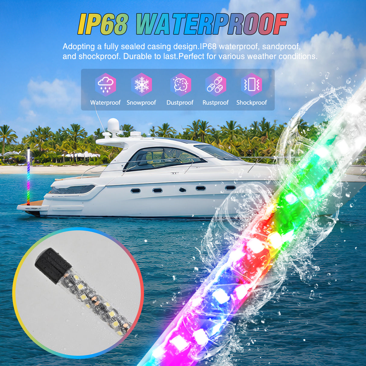 Boat Navigation Whip Light 3FT 360° Visibility 2NM Coast Guard Compliant 400+ Patterns with Remote Plug-in Base LED Spiral Boats Stern Lights for Night Fishing, Yacht, Pontoon Accessories