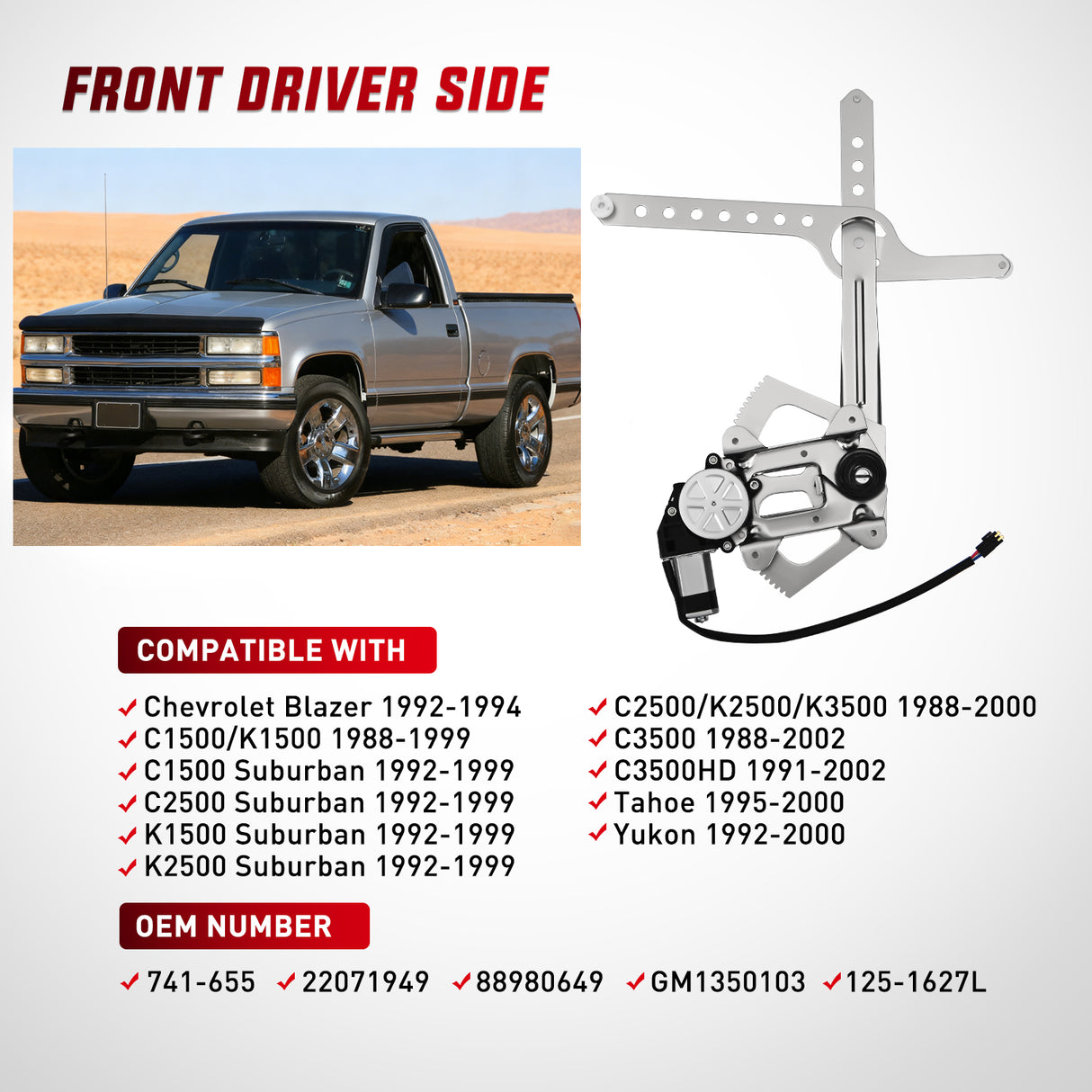 741-655 Window Regulator/Motor Front Driver Side Compatible with 1988-2002 Chevrolet Blazer C1500 C2500 C3500 K1500 K2500 K3500 Tahoe GMC Yukon 1996 1997 1998 1999 2000 2001 2002