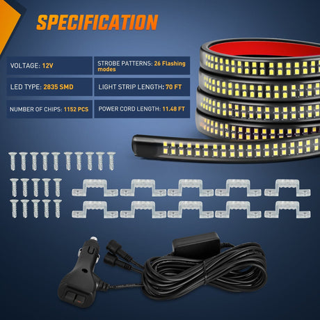 Nilight 2PCS 70 Inch Emergency Strobe Lights Strip 1125 LED Running Board Marker Light Amber Flexible Side Flashing Warning Caution Safety Waterproof for Truck Construction Vehicles Pickup