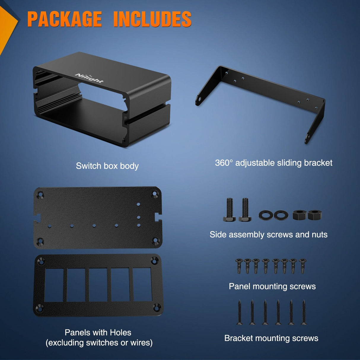 Nilight 5 Gang Rocker Switch Box 5 Holes Panel Detachable Installation Housing Waterproof Aluminum Rotatable Mount Bracket 12V 24V DIY Toggle Switches Voltmeter USB Socket for Boats Cars RVs Trucks