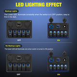 Rocker Switch 5 Gang Rocker Switch Panel Pre-Wired Aluminum with PD Type C and USB Cigarette Lighter Socket Voltmeter 12V 24V ON Off Toggle Switches for Car Trucks Boats RVs