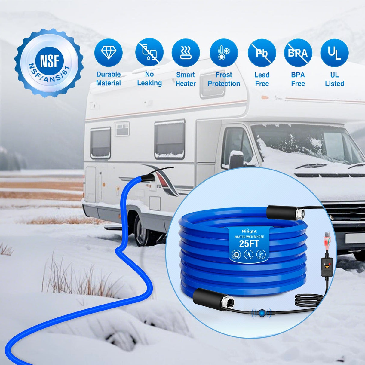 Nilight 25FT Heated Water Hose RV 5/8”Inside Diameter -45°F Freeze Protaction Antifreeze Garden Drinking Hoses with Saving Thermostat and Smart Heat System for Winter Camper Supply Accessories