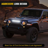 Front Bumper Front Bumper Grill Cover for 2007 2008 2009 2010 2011 2012 2013 2014 2015 2016 2017 2018 Wrangler JK/JKU Rubicon, & Sahara Sport with LED Work Light Pods Matte Black