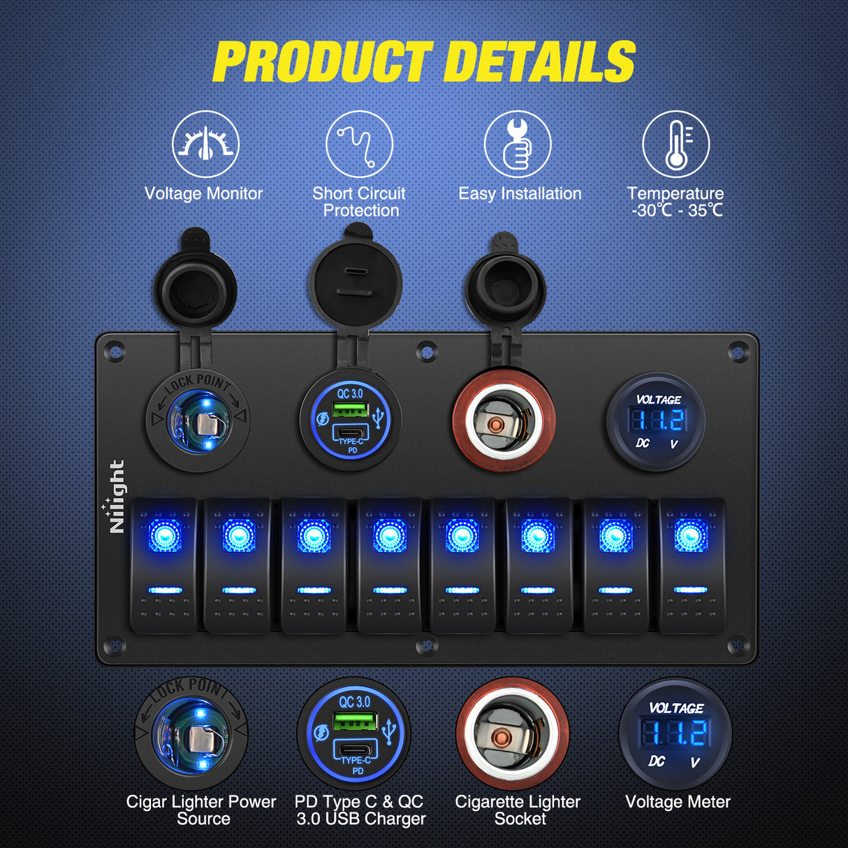 Nilight 8 Gang Rocker Switch Panel Waterproof Aluminum Marine with PD Type C & USB Charger Cigarette Lighter Socket Voltmeter Inline Fuse 12V 24V ON Off Pre-Wired Switches for Car Truck Boat