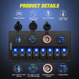 Nilight 8 Gang Rocker Switch Panel Waterproof Aluminum Marine with PD Type C & USB Charger Cigarette Lighter Socket Voltmeter Inline Fuse 12V 24V ON Off Pre-Wired Switches for Car Truck Boat