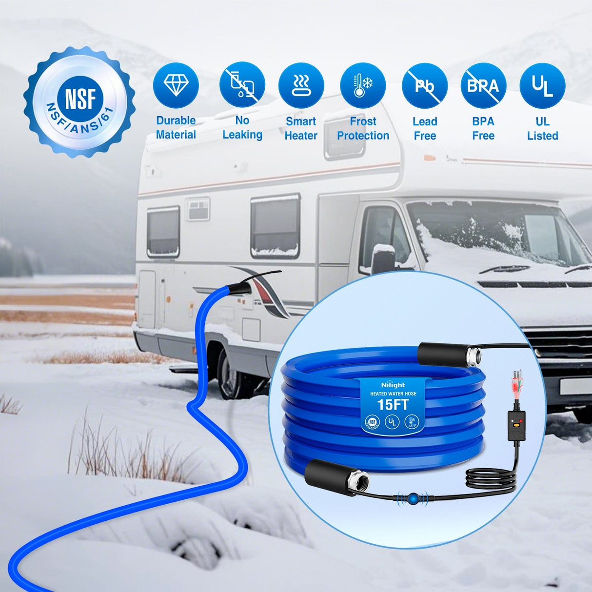 Nilight 15FT Heated Water Hose RV 5/8”Inside Diameter -45°F Freeze Protaction Antifreeze Garden Drinking Hoses with Saving Thermostat and Smart Heat System for Winter Camper Supply Accessories