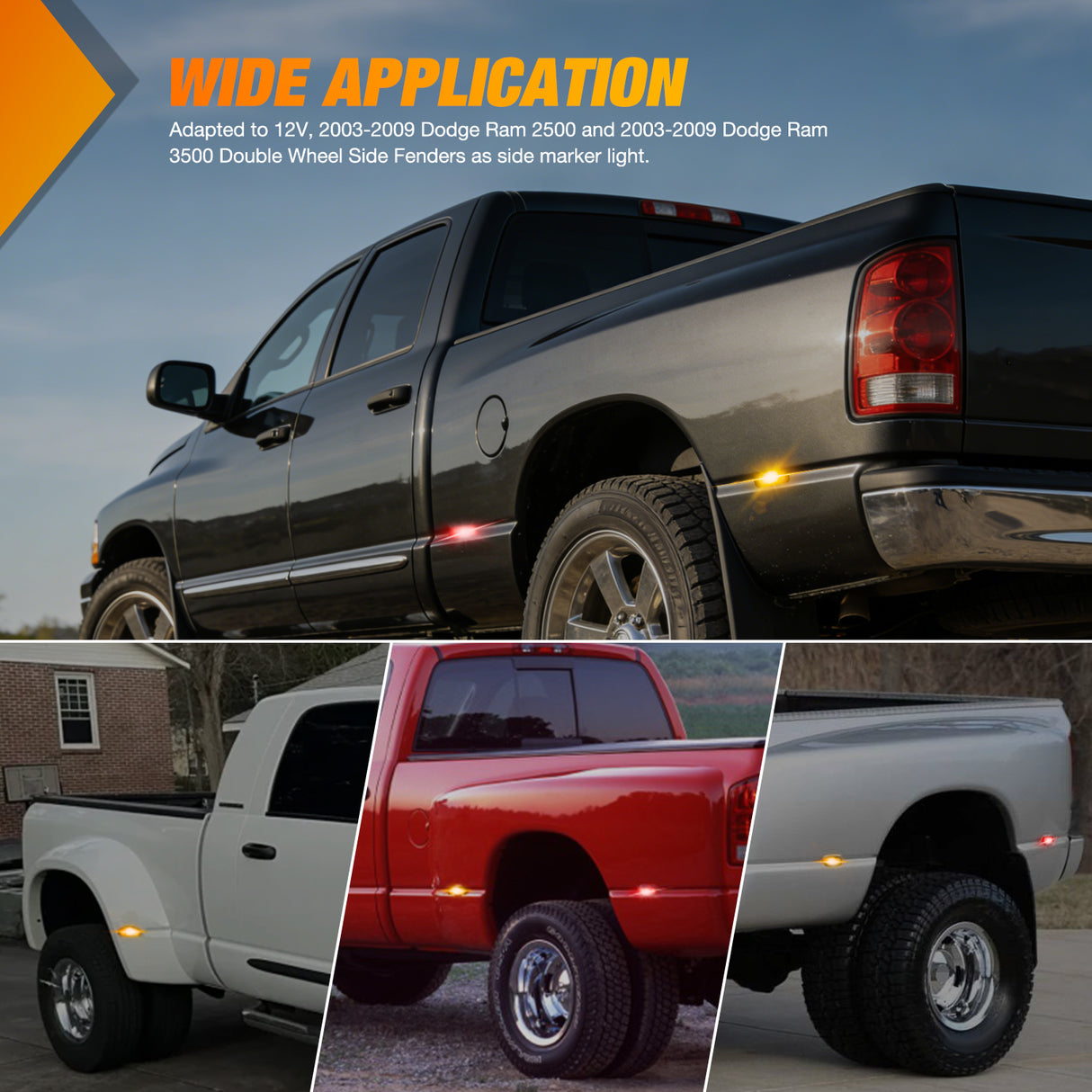 4 PCS 3 LED Red Amber Wheel Fender Side Marker Lights Smoked Lens Light Compatible With 2003-2009 Dodge Ram 1500 2500 3500 Super Duty