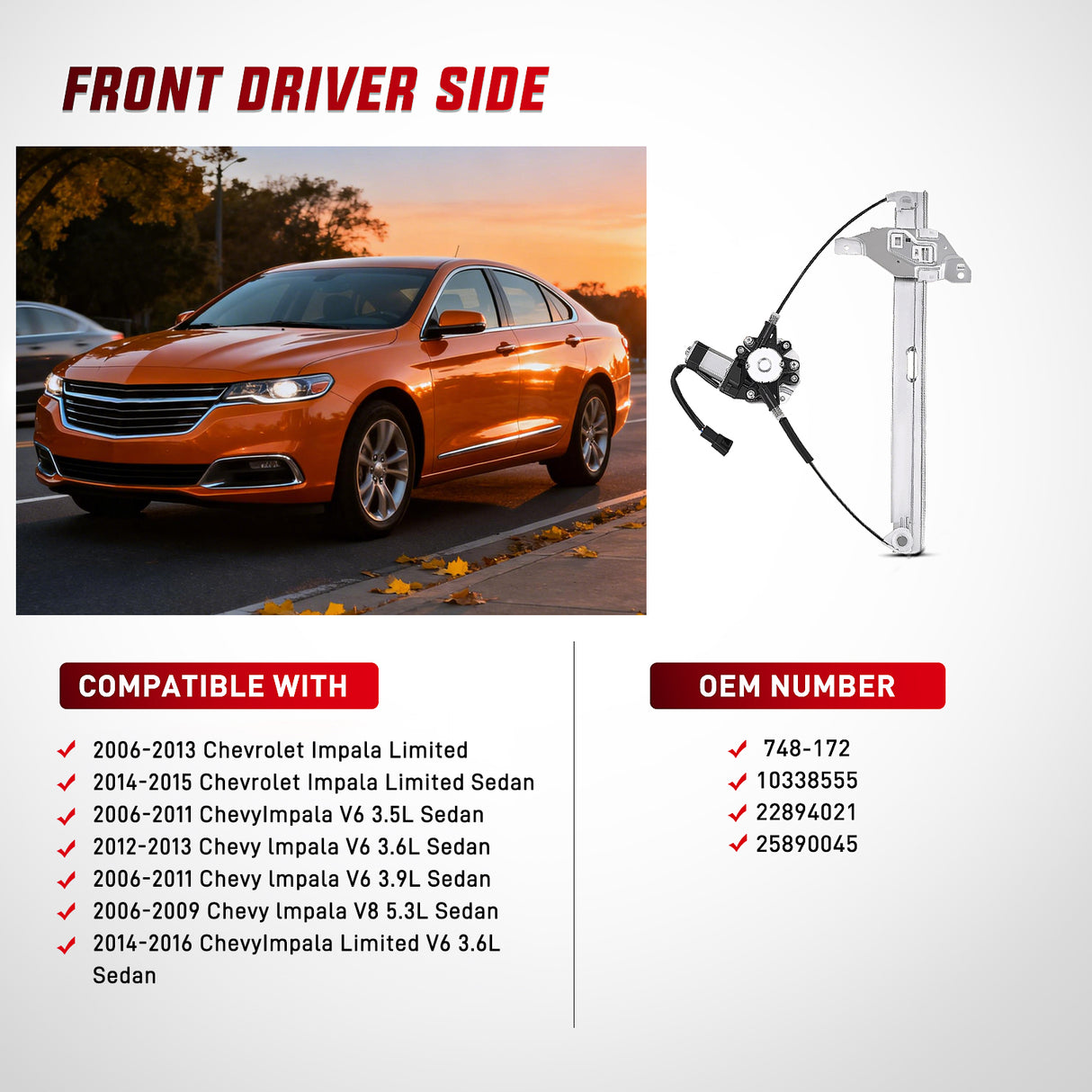 2006 2007 2008 2009 2010 2011 2012 2013 Chevrolet Impala 2014 2015 2016 Impala Limited Front Driver Side Power Window Regulator