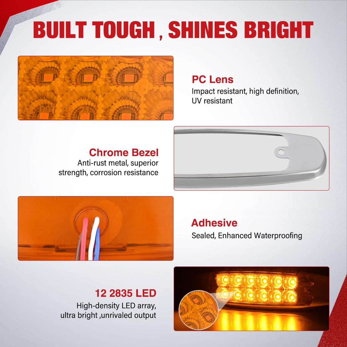 6.3 Inch Amber Rectangle Side Marker Light with High Low Strobe | 12 LED IP67 Waterproof Chrome Bezel 12V Surface Mount Marker & Clearance Light Fits Pickup Trucks Trailers RVs Boats,10 Pack