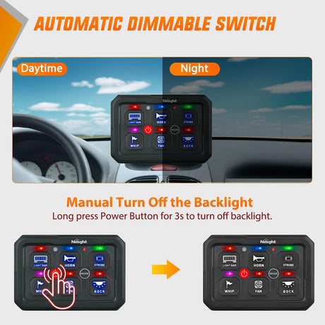 6 Gang Switch Panel Blue Circuit Control Relay System with Fuse Wiring Harness Toggle Momentary Strobe Flash Modes Automatic Dimmable ON Off Pod 12V 24V for Car Truck Camper SUV
