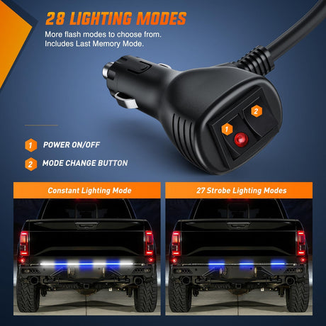60 Inch Truck Tailgate Strobe Light Strip Tail Emergency Bar Rear Window Warning Lamp Ultra-Bright Double Row 360 LED for Pickup Trailers Construction Vehicles Car SUV, Blue White