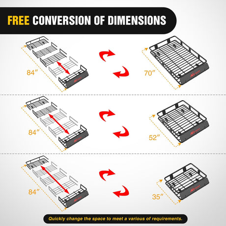 84 Inch x 39 Inch x 6 Inch Universal Roof Rack Cargo Basket Heavy-Duty 250LBS Capacity Rooftop Cargo Carrier with Cargo Net Ratchet Straps Luggage Holder for SUV Truck Vehicle