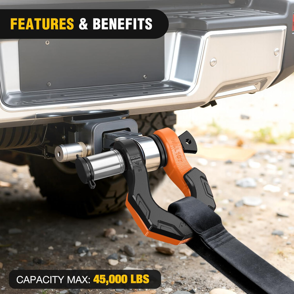 2 Pack 3/4 Inch D-Ring Separate Shackle with 7/8 Inch Lock Pin 45,000 lbs Break Strength, Off Road Recovery Shackle with Isolators Washers for Use with Tow Strap, Winch, Truck Vehicle (Black&Orange)