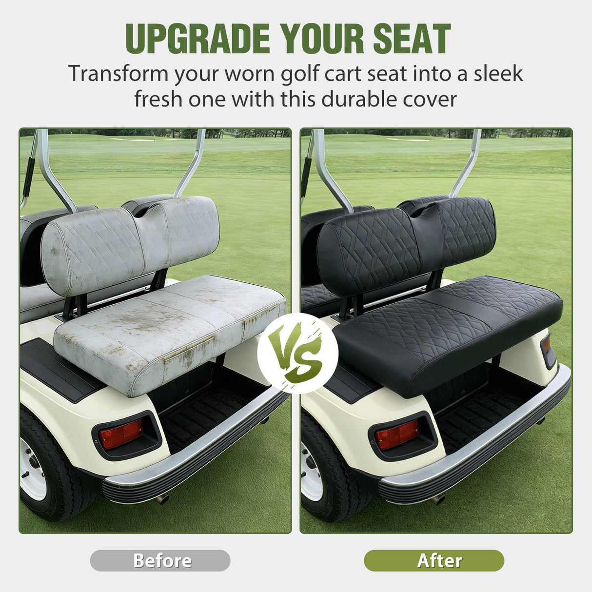 Golf Cart Seat Covers 2PCS Black Leather Club Car DS | Waterproof Leather No Staple Design All Season Protection Sun Scratch Resistant Cover Fits 1982-2000 Club Car DS