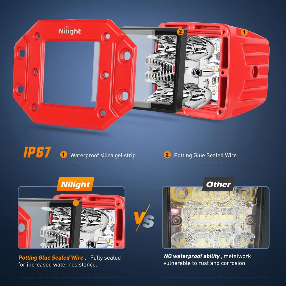 LED Light Bar 4.8Inch 42W Flush Mount Spot Flood Red Case LED Work Lights 16AWG Wiring Harness Kit-2 Leads