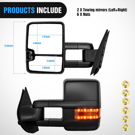 Towing Mirrors Turn Signal Reverse Puddle Lights Power Heated Adjustable Glass Manual Telescoping Folding Compatible With 2007-2014 Chevy Silverado GMC Sierra Yukon XL