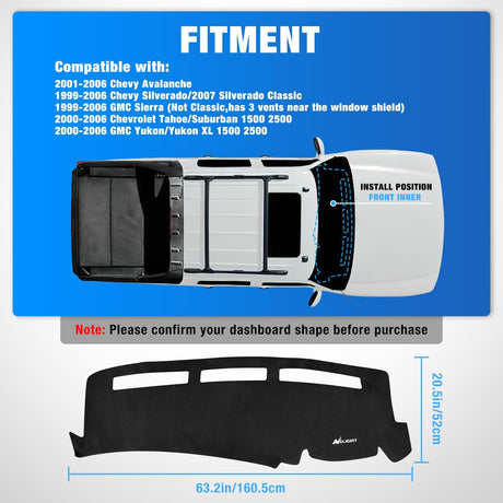 Dash Cover for 1999‑2006 GMC Sierra/Chevy Silverado, 2000‑2006 GMC Yukon/Yukon XL/Chevy Suburban/Chevy Tahoe, 2001‑2006 Avalanche, Suede Dashboard Mat Black