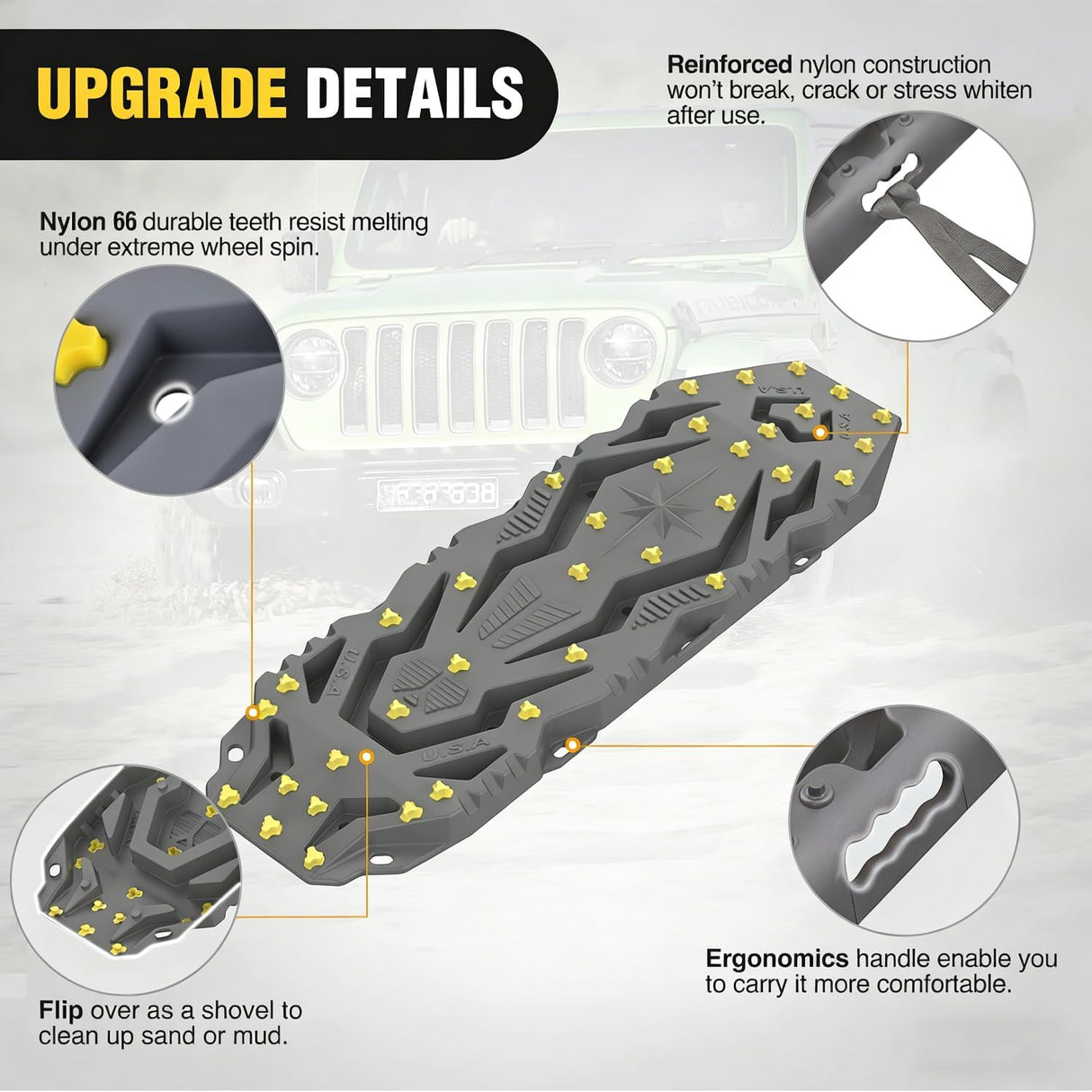 Recovery Off-Road Traction Boards 2Pcs 43 InchL x 13.3 InchW with Yellow Teeth for 4WD 4X4 Mud Sand Snow Includes 2PCS Mounting Kit & Carry Bag (Grey)