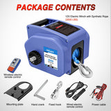 Boat Trailer Winch 3500 lbs Portable Electric Boat Winches 12 V DC Marine Winch with Synthetic Rope Remote Control Hand Crank Power-in Freewheel Waterproof Winch for Boat Trailer Towing, Blue